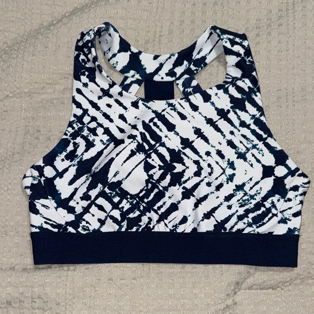 High-Neck Abstract Print Sports Bra - White & Navy